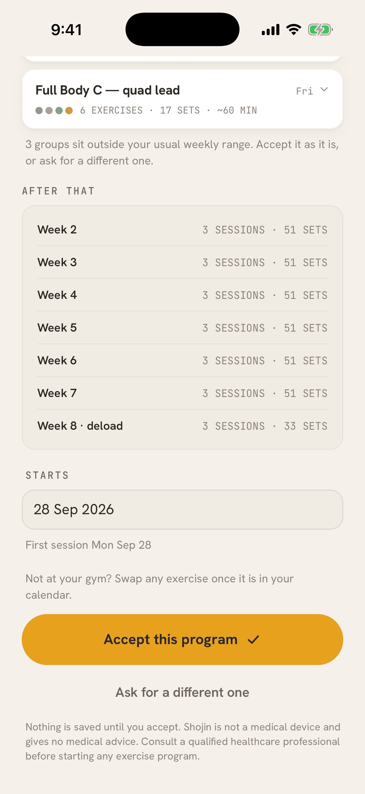The program review: weeks 2 to 7 at three sessions and 51 sets each, then Week 8 deload at 33 sets, a start date, and an Accept this program button