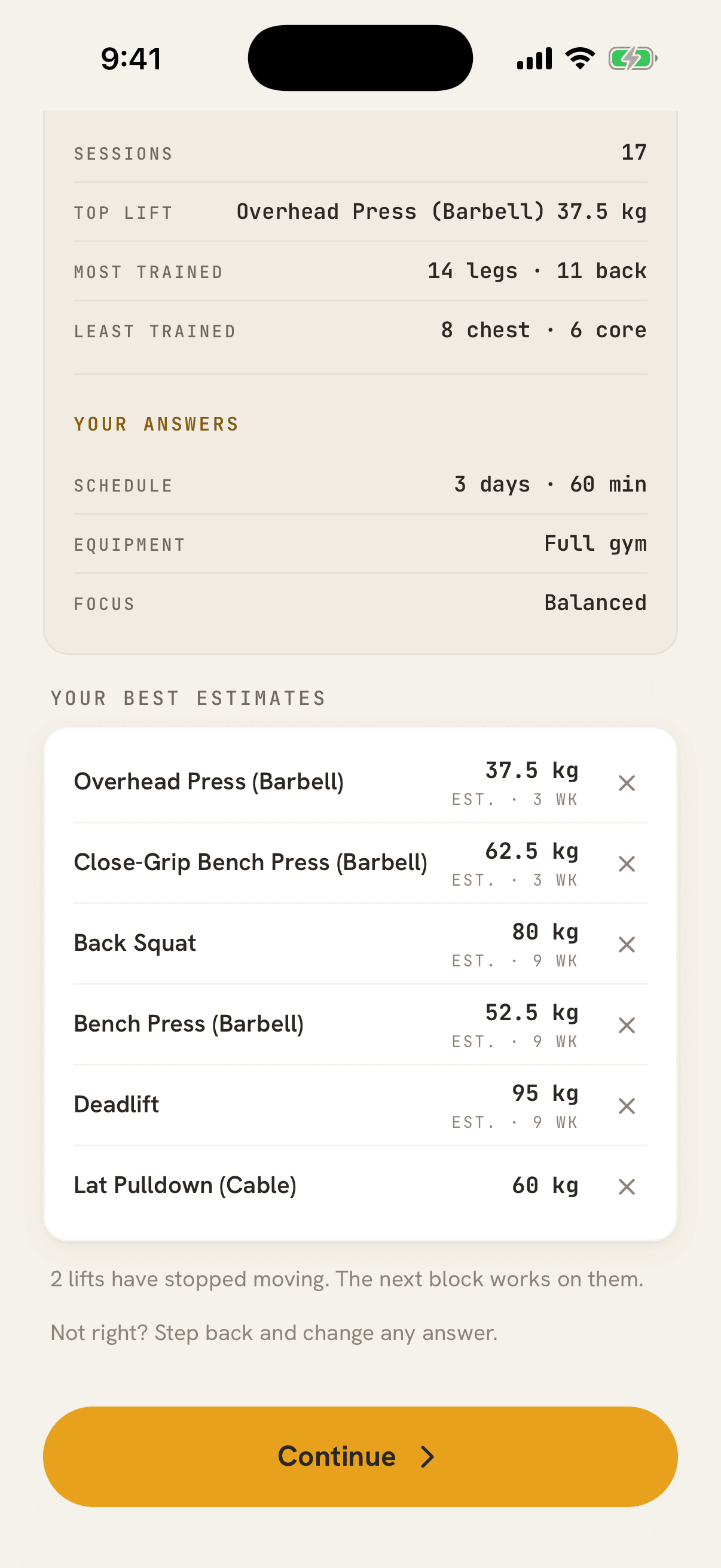 The Coach quiz step Built from your training, showing the lifter's last ten weeks, their answers, and best estimates for six lifts such as Back Squat 80 kg and Deadlift 95 kg