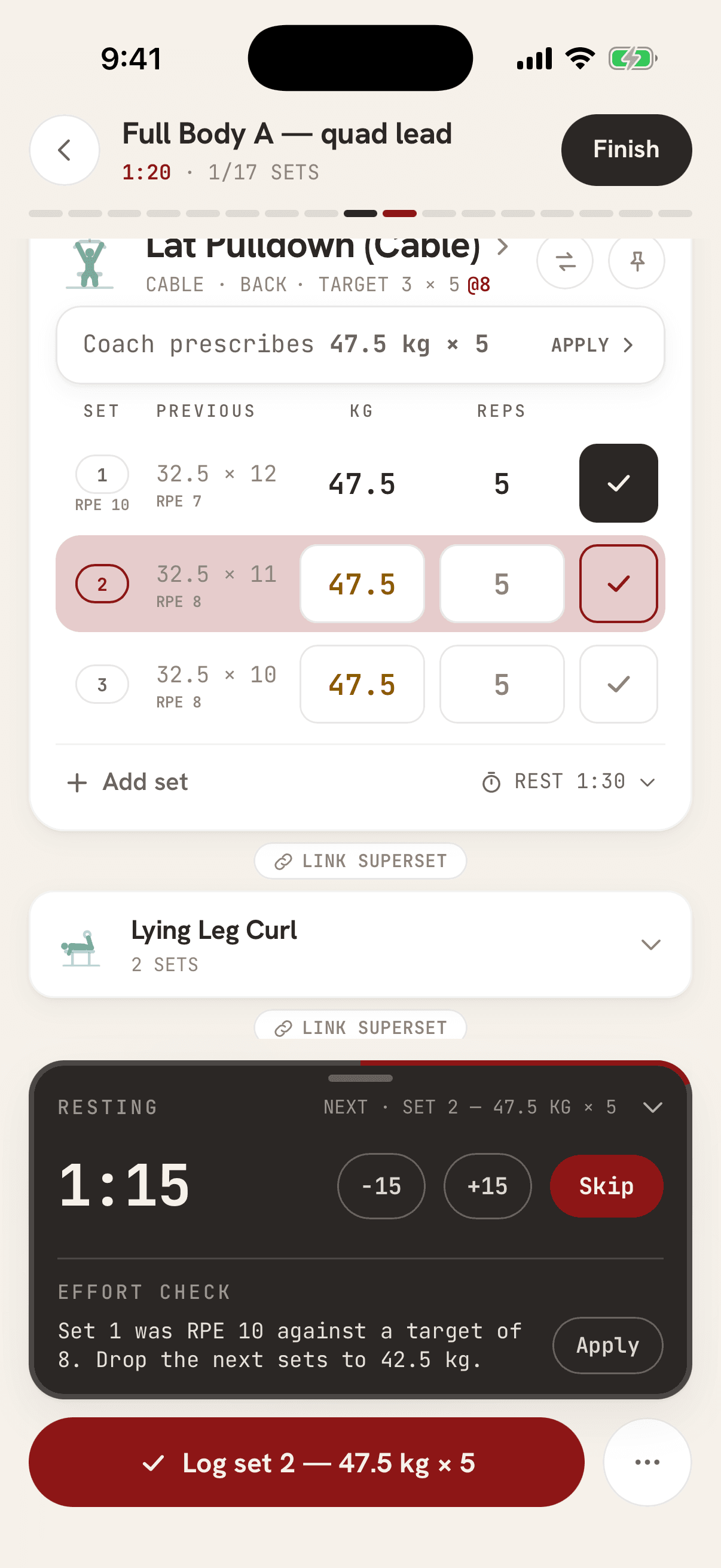 The rest timer after the set, with an Effort check: Set 1 was RPE 10 against a target of 8. Drop the next sets to 42.5 kg. An Apply button sits beside it