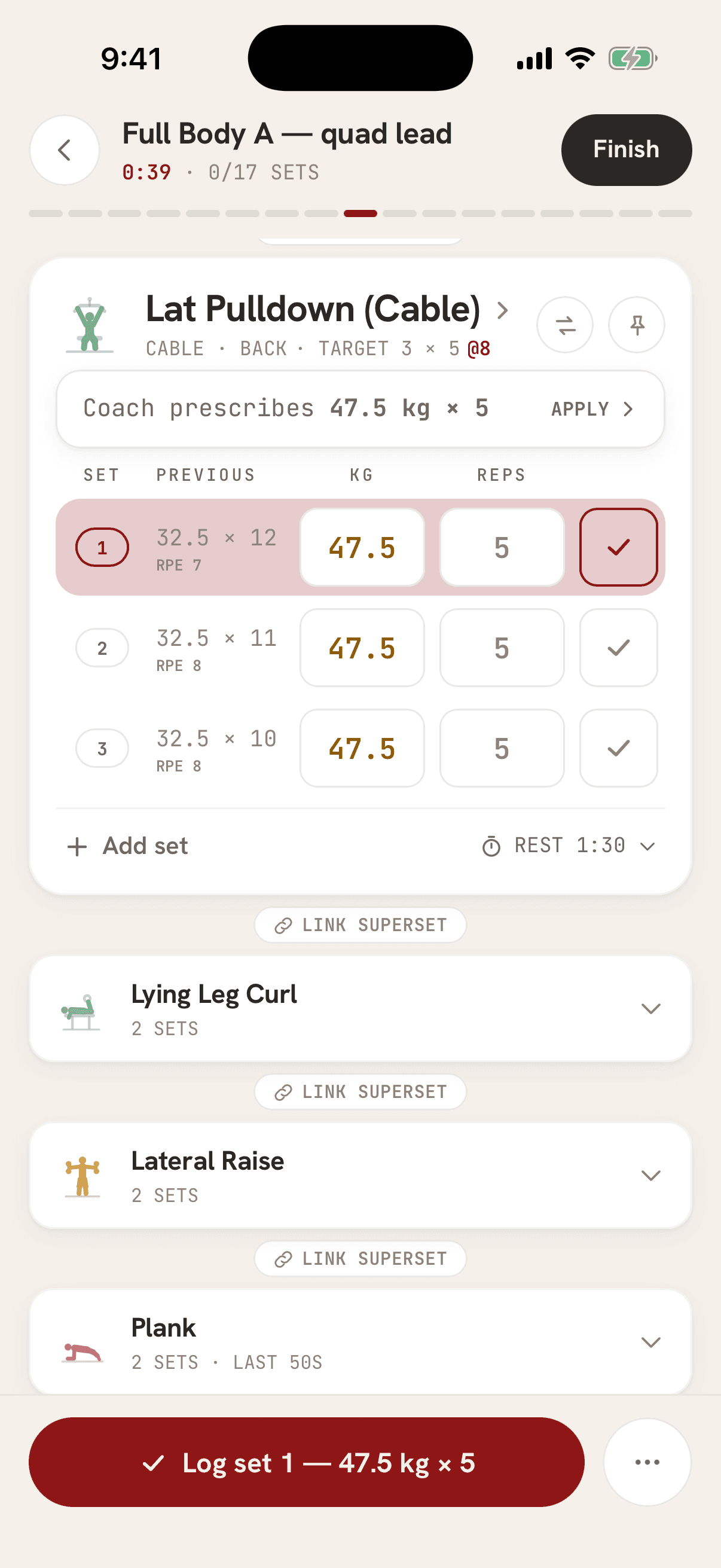A Lat Pulldown card in the workout logger: Coach prescribes 47.5 kg for 5 reps, with last session's sets in the Previous column