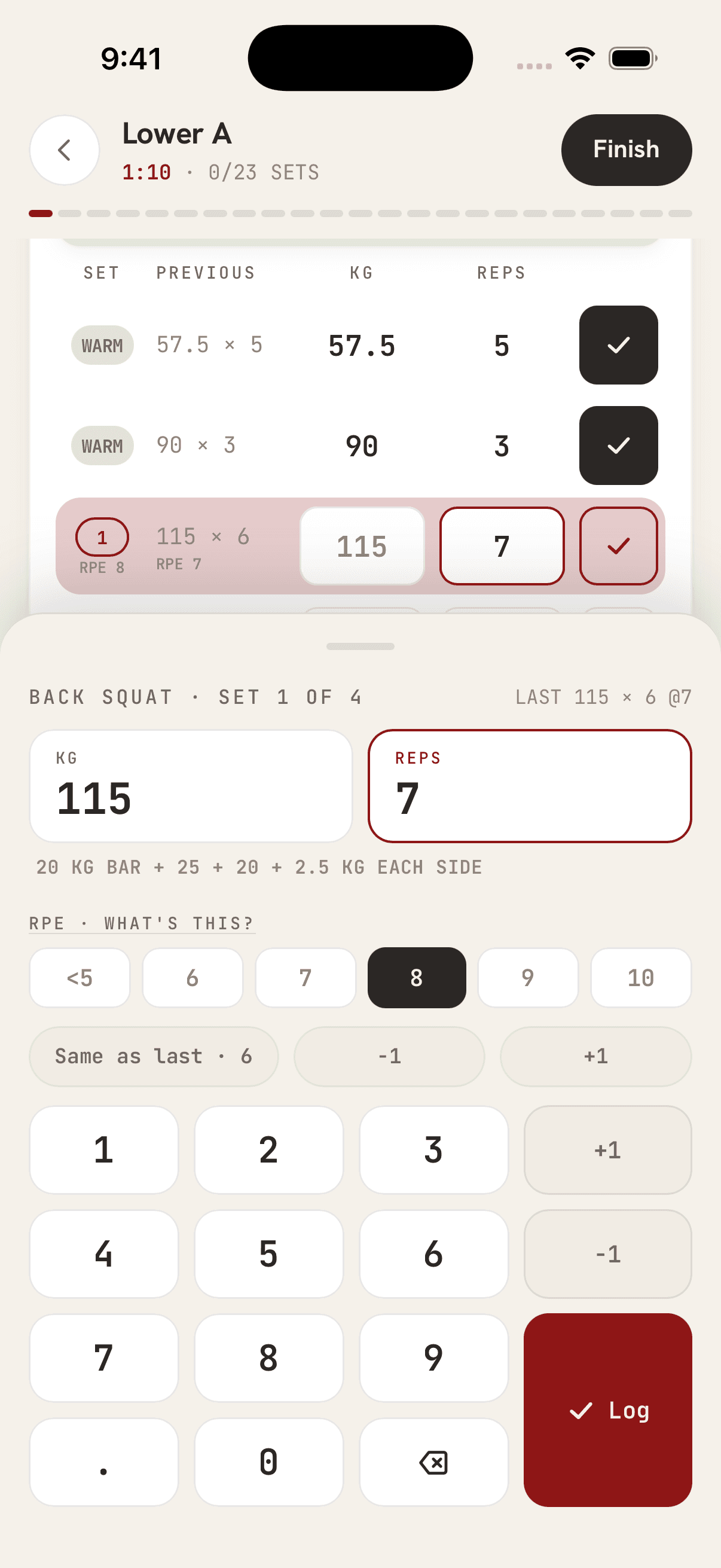 The set keypad for Back Squat, set 1 of 4. The top line reads Last 115 × 6 @7. Below it are today's 115 kg and 7 reps, the plates for each side of the bar, and the RPE buttons with 8 selected