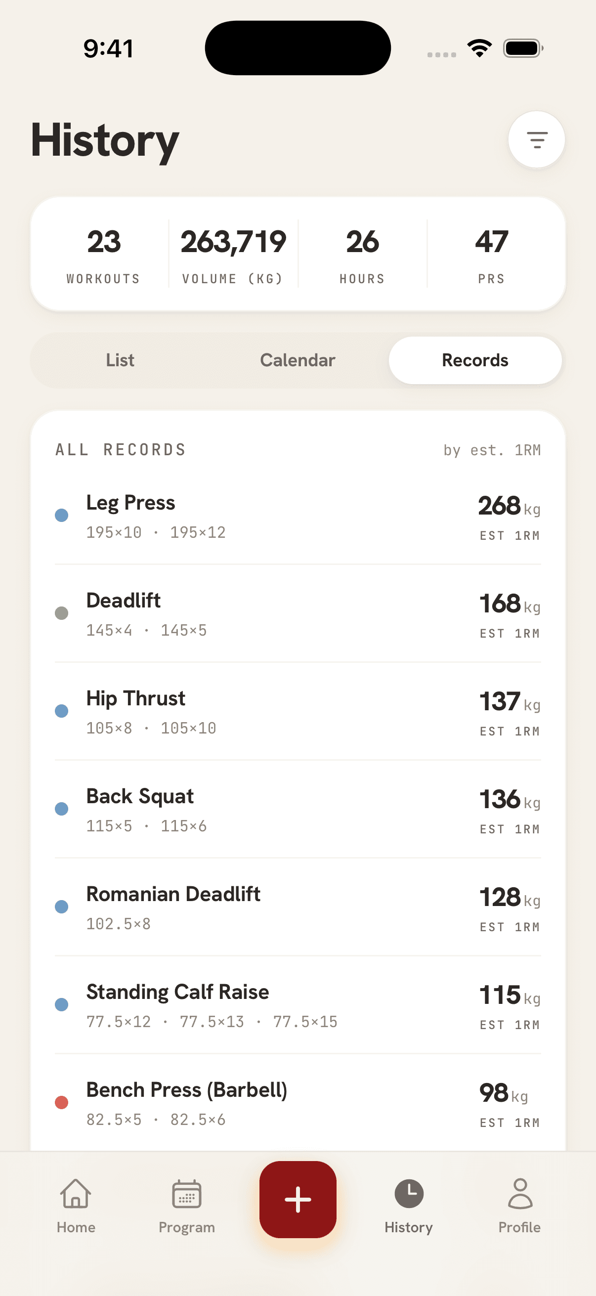 The History screen in Shojin with the Records tab open. All records are ranked by estimated 1RM: Leg Press 268 kg, Deadlift 168 kg, Hip Thrust 137 kg, Back Squat 136 kg, Romanian Deadlift 128 kg, Standing Calf Raise 115 kg and Bench Press 98 kg