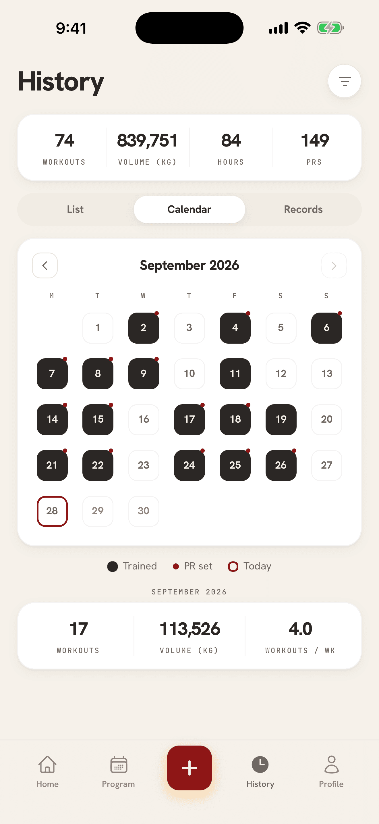 History in its calendar view: trained days and PR days marked for September, then the month’s workouts, volume and workouts a week
