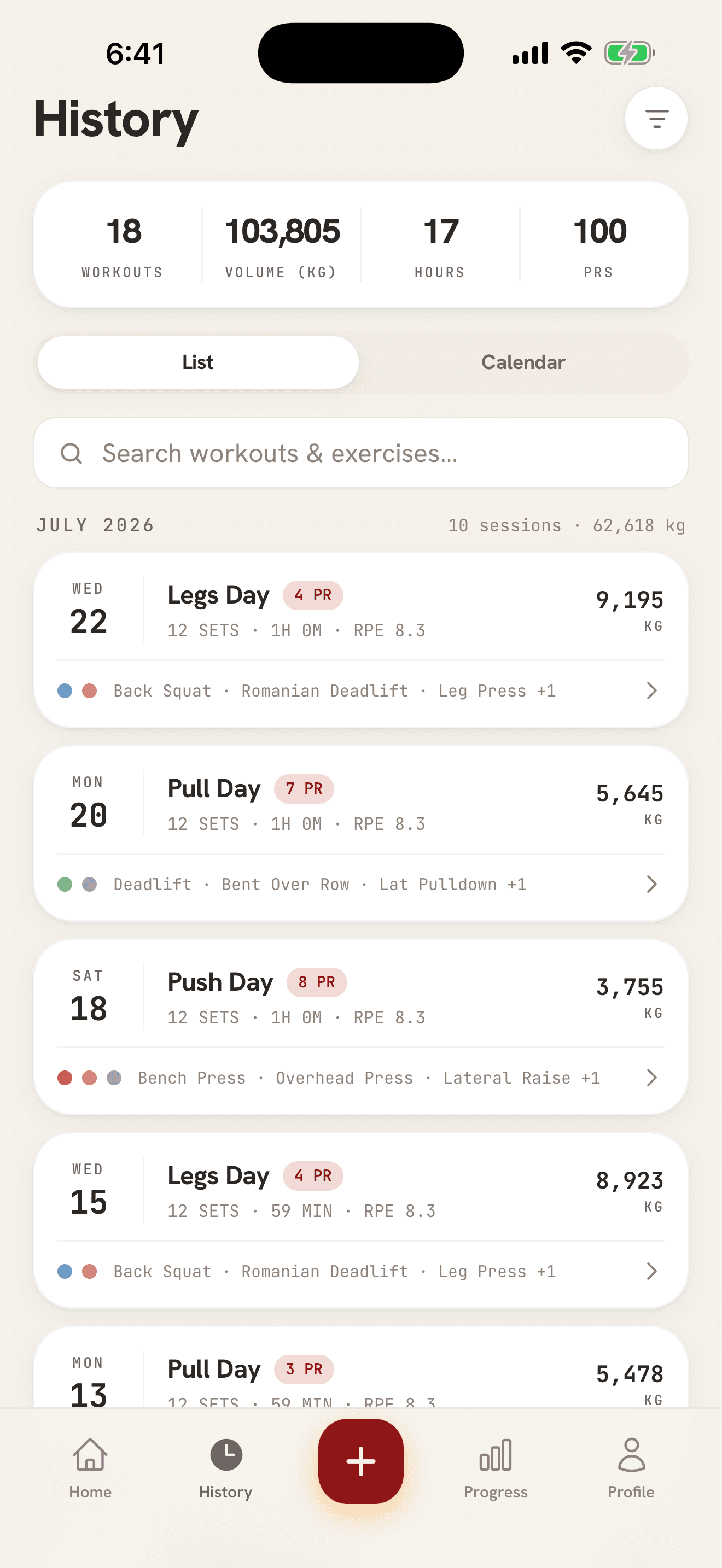 Training history with workout summaries