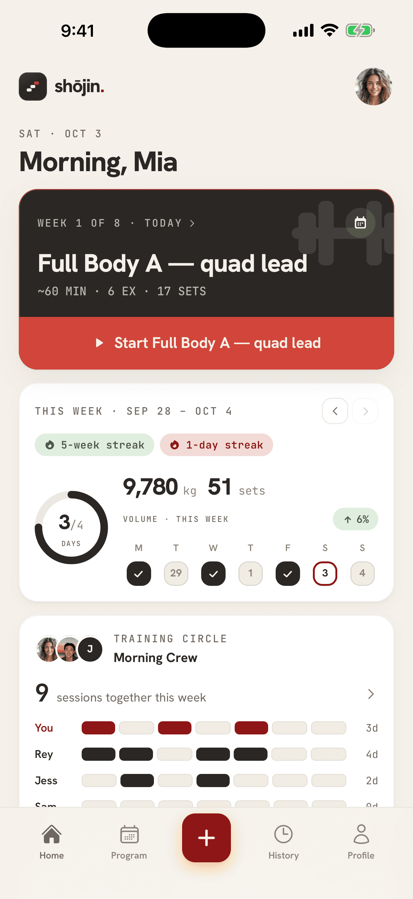 Shojin Home: today’s Full Body A session with a Start button, this week’s three days trained with volume, sets and a 5-week streak, and the Training Circle’s sessions together