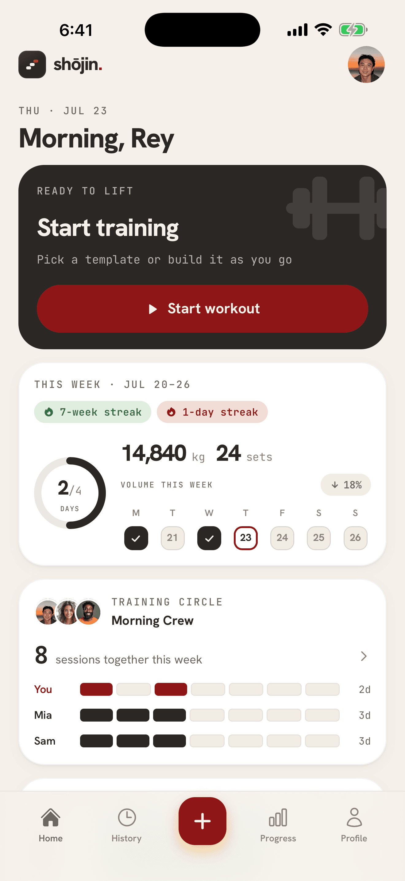 Shojin home screen: this week’s sessions, volume and streak