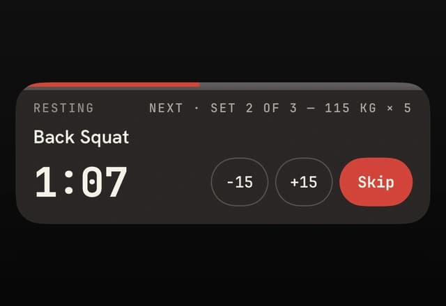The Lock Screen during a rest. It shows Resting, Back Squat, the next set (set 2 of 3, 115 kg for 5), the time left, a progress bar, and the minus 15, plus 15 and Skip buttons.