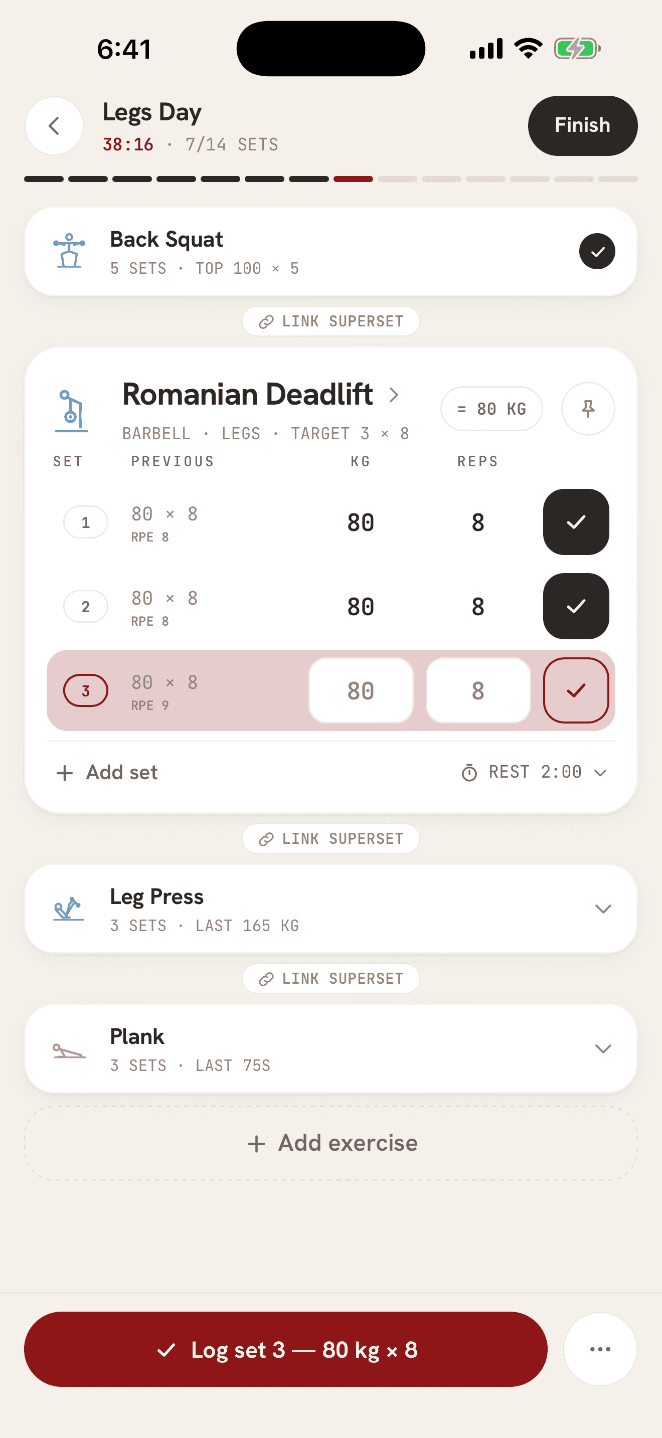 Workout logger: set rows with weight, reps and RPE