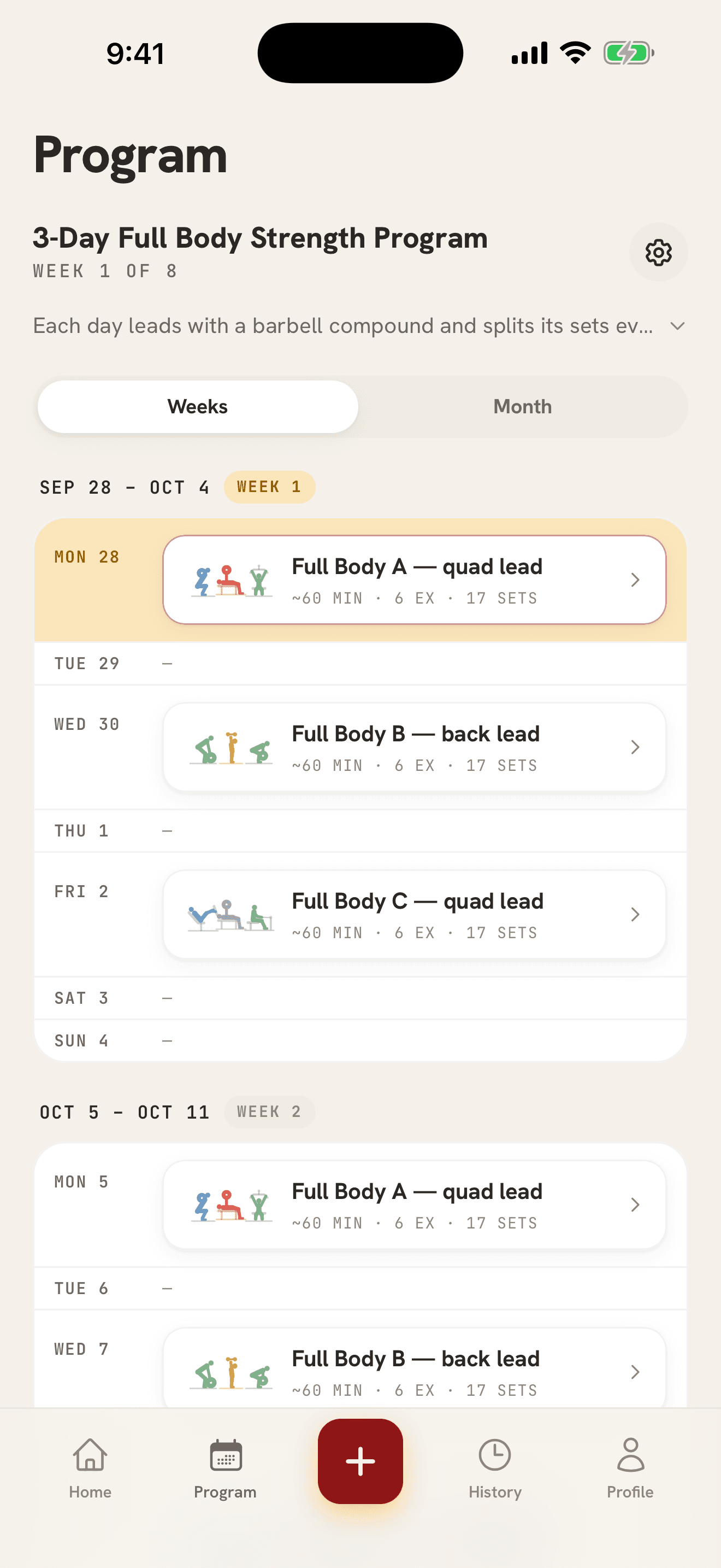 The Program tab: a three-day Full Body block, each week’s sessions on their weekdays