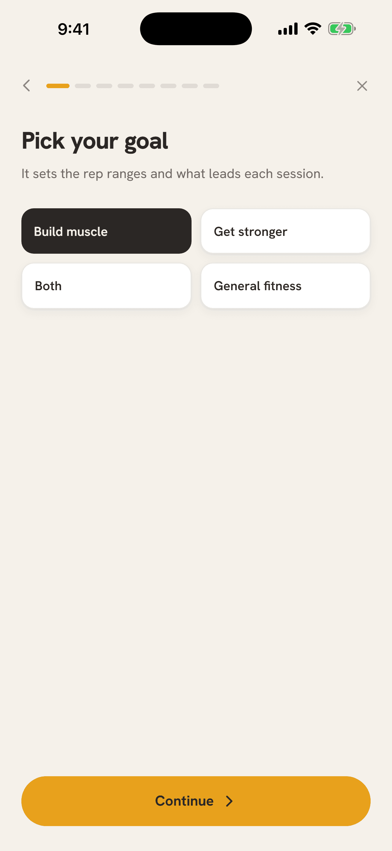 The first step of the Shojin Coach quiz, Pick your goal: build muscle, get stronger, both, or general fitness