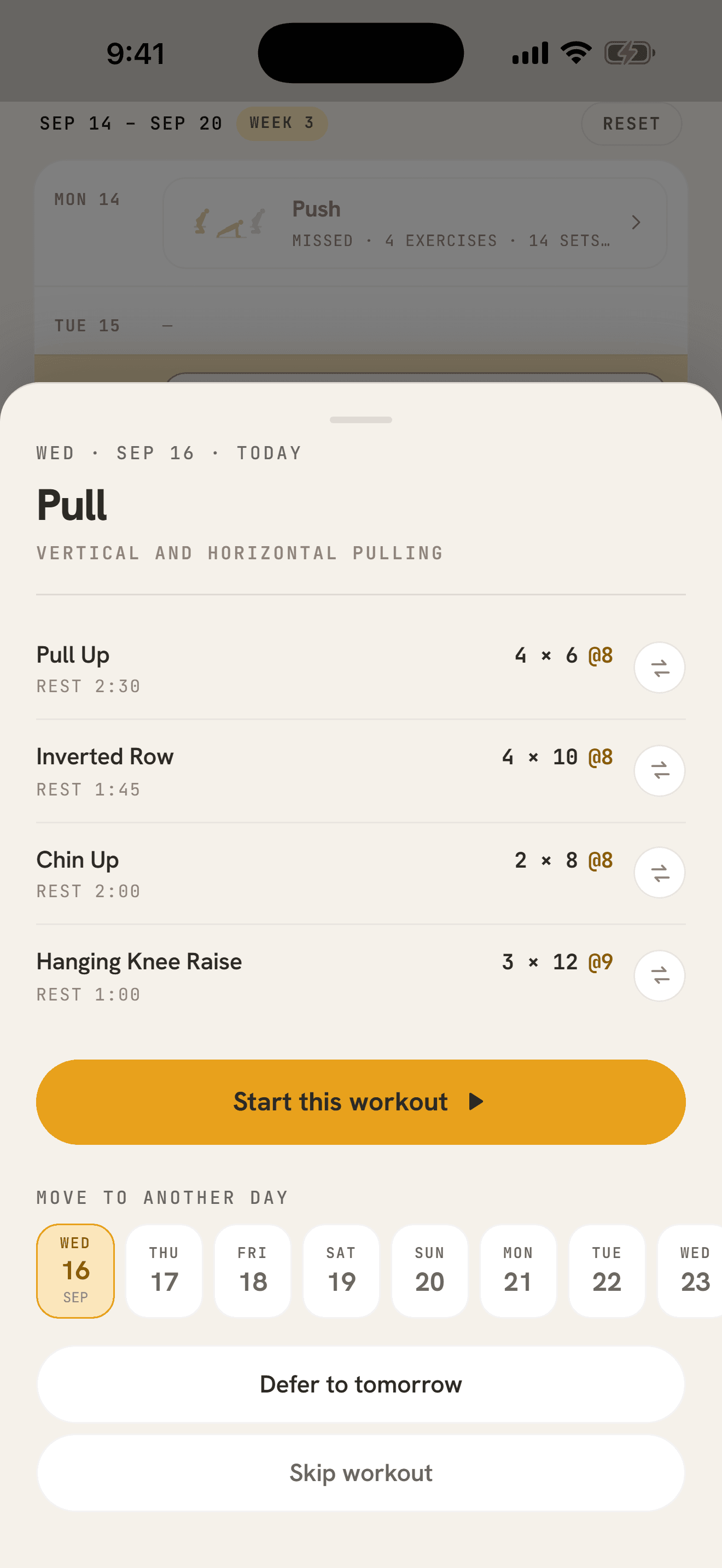 A session sheet for today’s Pull day: four exercises with sets, reps and target RPE, a Start this workout button, a row of days to move it to, and Defer to tomorrow and Skip workout