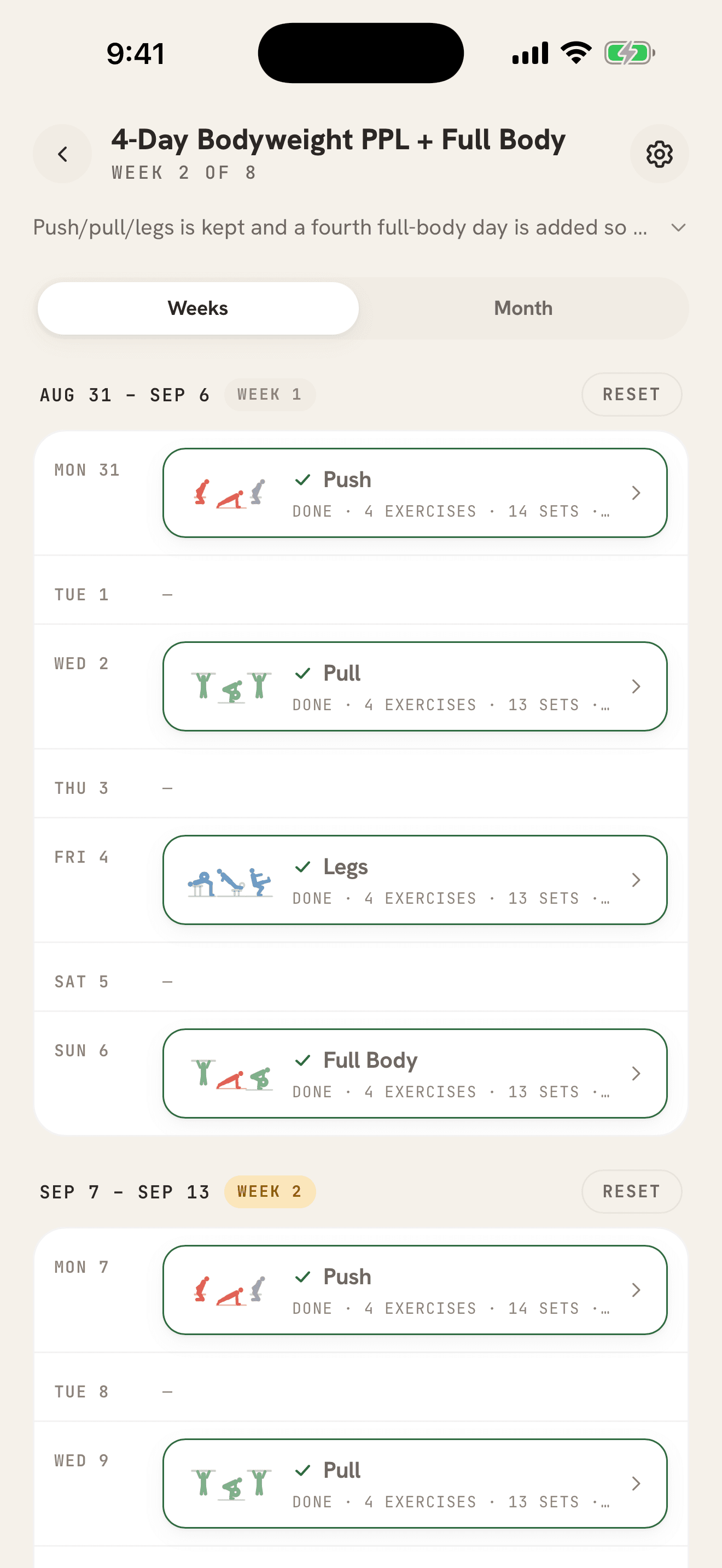 A Shojin training block: every week of the program, session by session